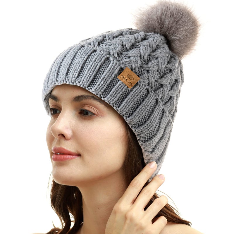 PAGE ONE Womens Winter Ribbed Beanie Crossed Cap Chunky Cable Knit Pompom Soft Warm Hat Light Gray - Image 2
